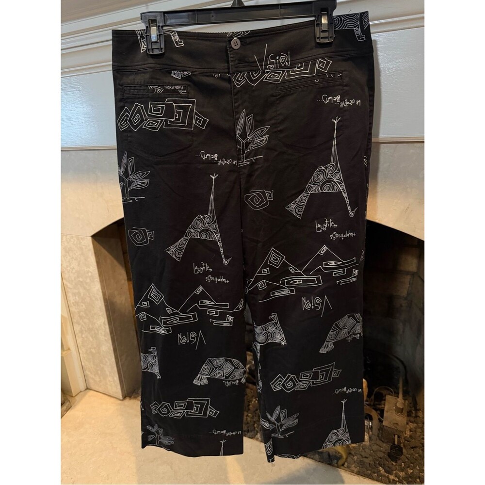 Chico's Black Chino Pants with White Graphic Print size 12